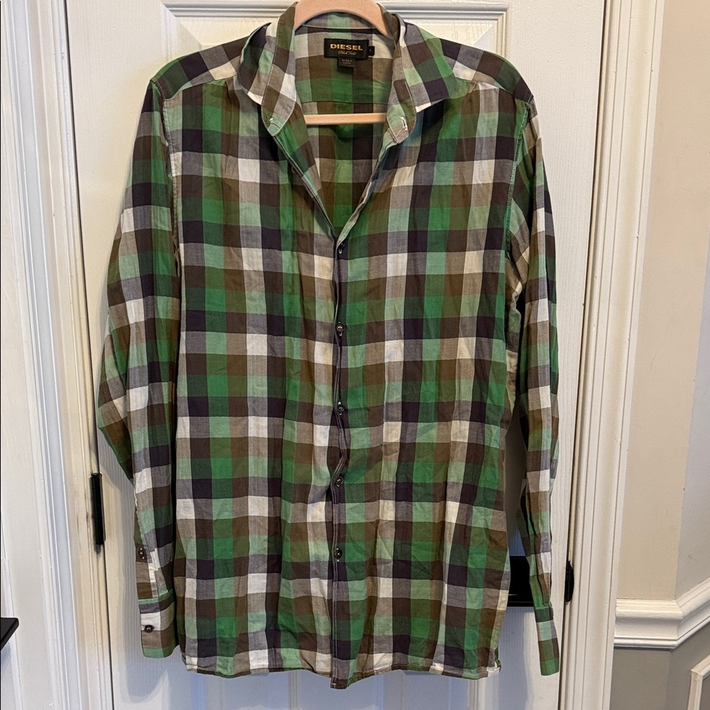 Diesel Black & Gold Label Green Plaid Button Down Shirt Sz L